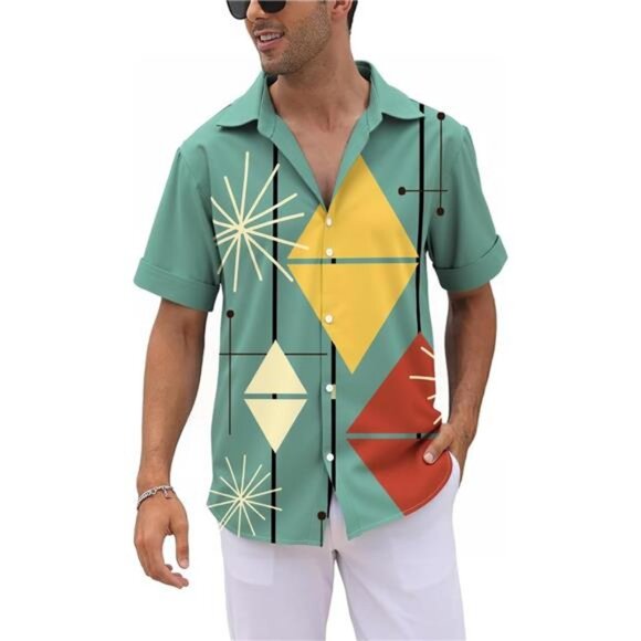 Men's Retro Bowling Shirts 50s Rockabilly Style Button Down Shirts - Picture 5 of 12